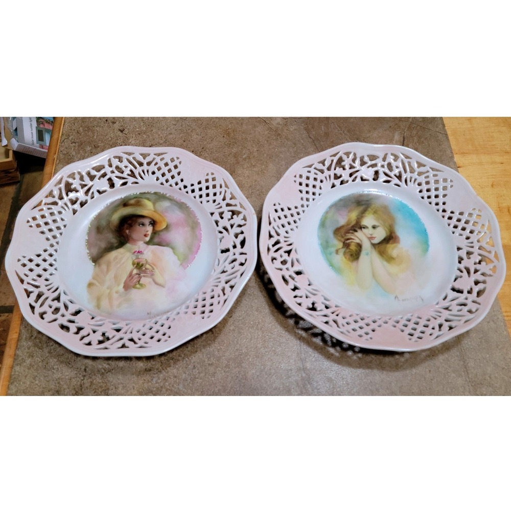 Vintage Reticulated Porcelain Plates Set 2 Hand Painted Victorian Lady Portraits